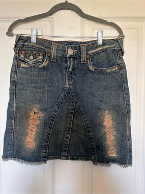 Vintage True Religion Denim Skirt Red Label Distressed Detailing